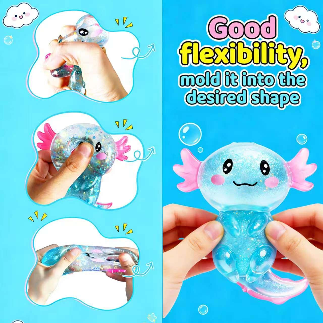 EQOA Blue Axolotl Squishy Stress Ball – Cute Fidget Toy for Stress Relief