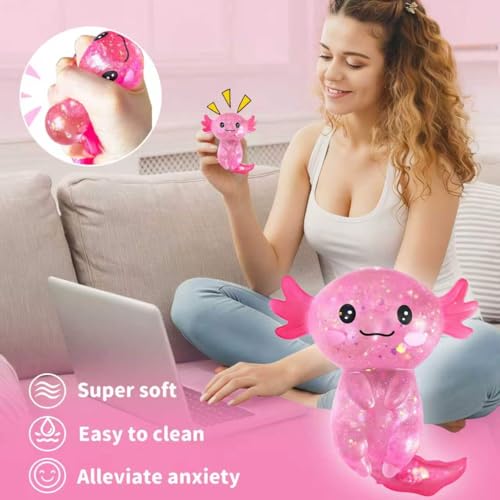 EQOA Pink Axolotls Squishies Fidget Stress Ball – Cute Squeeze Toy for Stress Relief & Easter Basket Stuffers
