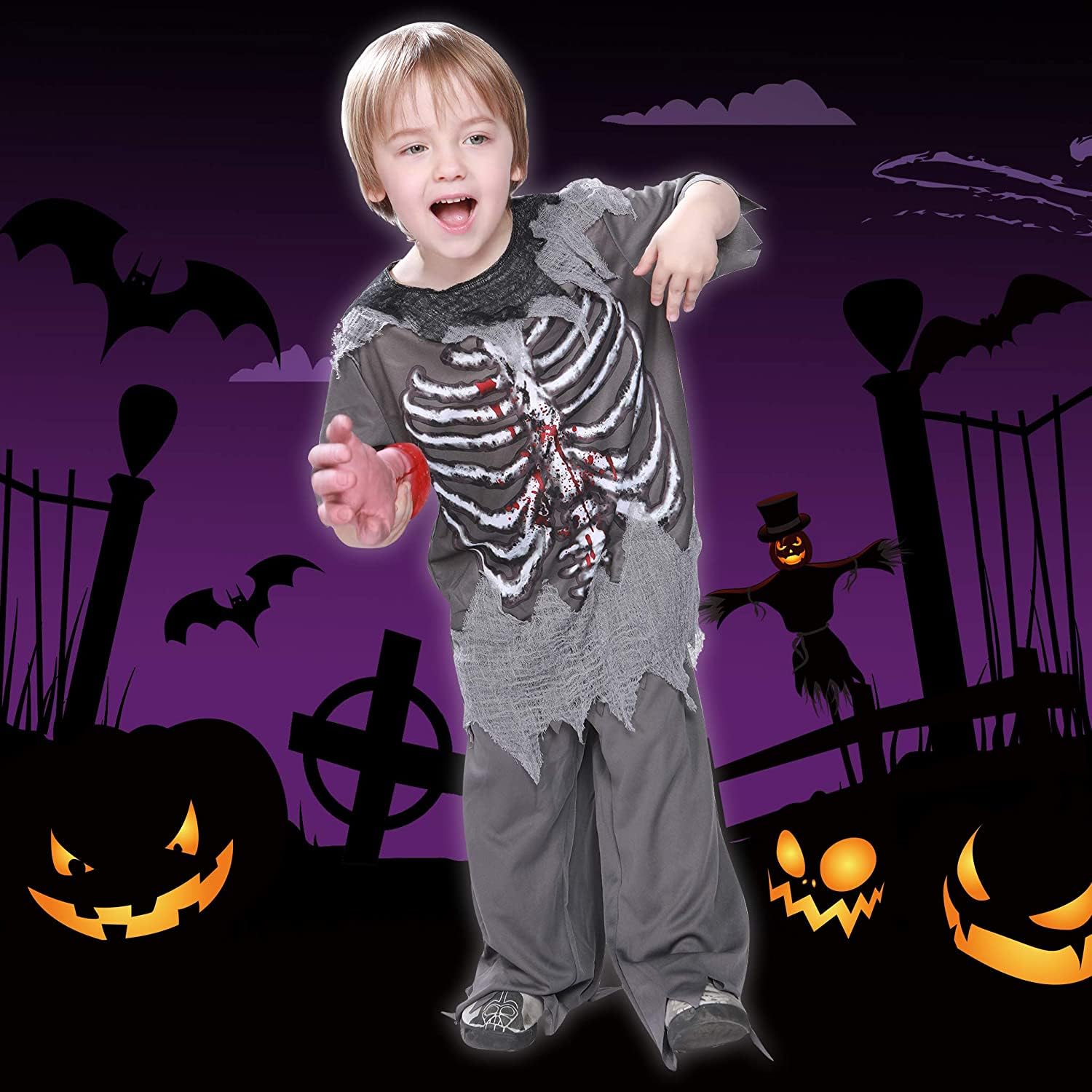 EraSpooky Boys Zombie Costume with Skeleton Print – Tattered Shirt & Pants for Halloween