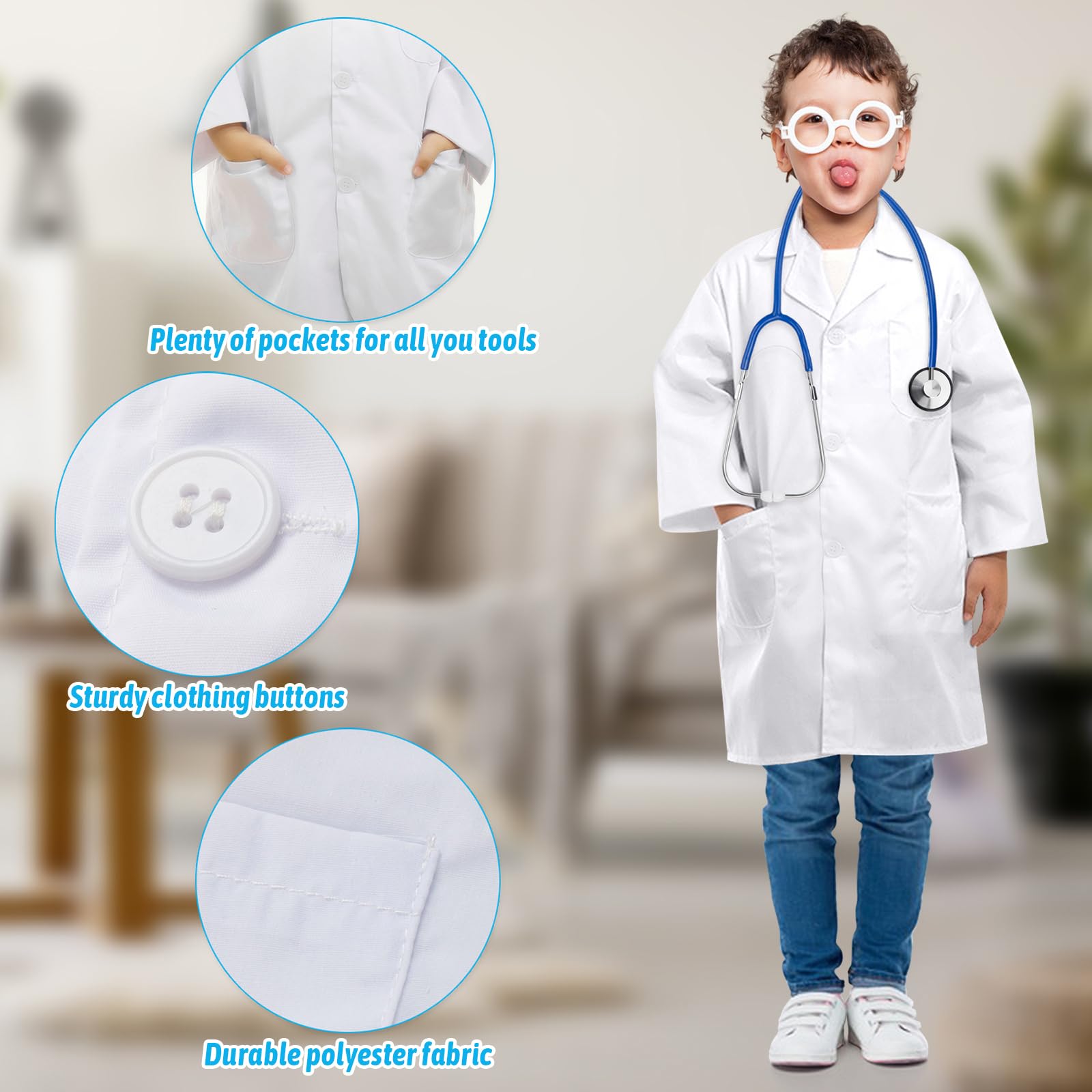 ERDOGLY Kids Doctor Lab Coat with Working Stethoscope – White Polyester Costume for Ages 3-12