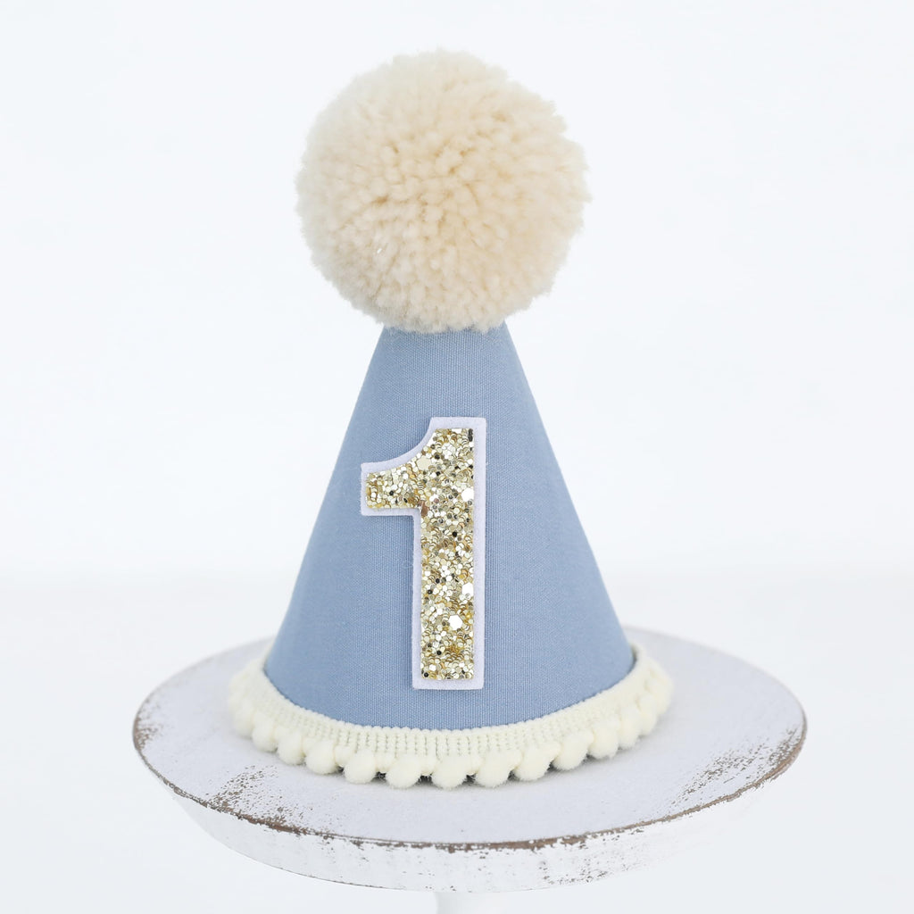 Ereniko Grey Blue First Birthday Hat - Felt Cone Crown with Glitter Number & Embroidered 1st for Baby's 1st Birthday