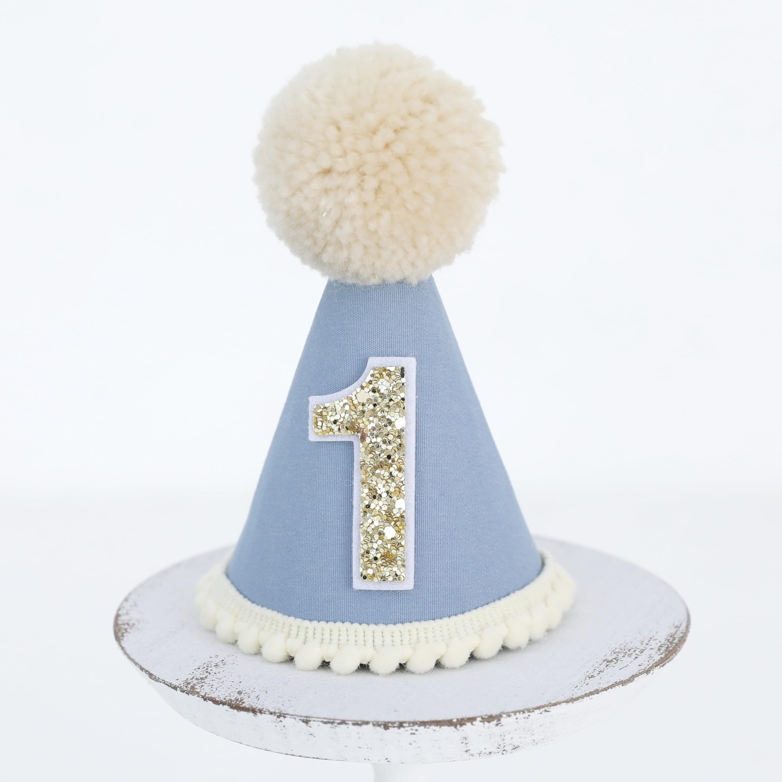 Ereniko Grey Blue First Birthday Hat - Felt Cone Crown with Glitter Number & Embroidered 1st for Baby's 1st Birthday