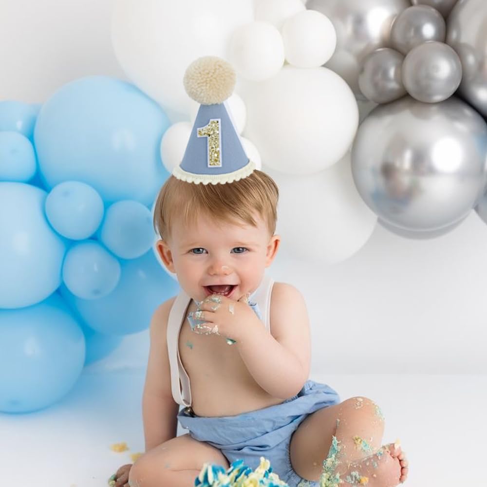 Ereniko Grey Blue First Birthday Hat - Felt Cone Crown with Glitter Number & Embroidered 1st for Baby's 1st Birthday
