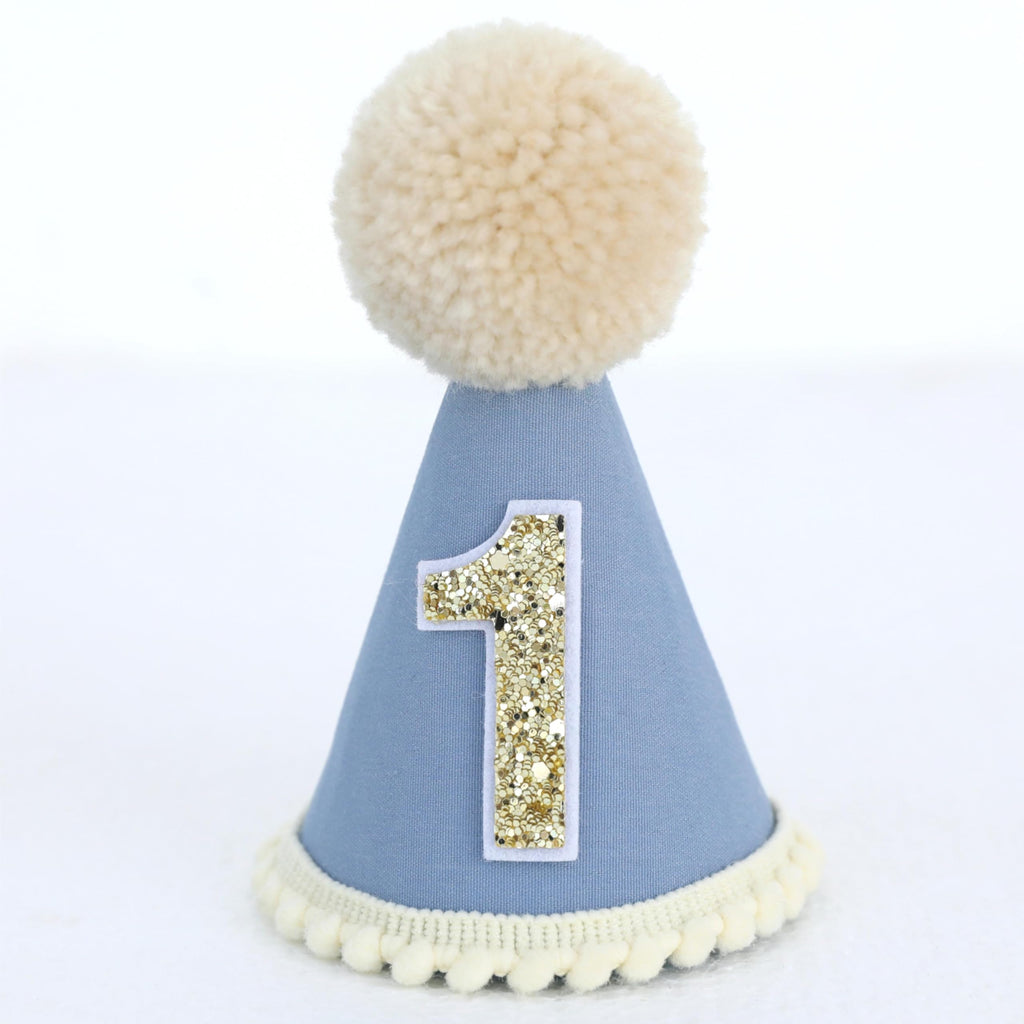 Ereniko Grey Blue First Birthday Hat - Felt Cone Crown with Glitter Number & Embroidered 1st for Baby's 1st Birthday