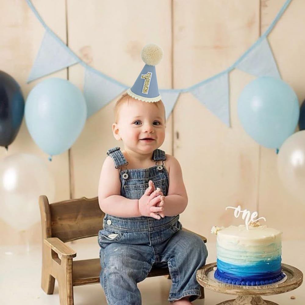 Ereniko Grey Blue First Birthday Hat - Felt Cone Crown with Glitter Number & Embroidered 1st for Baby's 1st Birthday