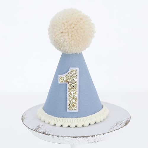 Ereniko Grey Blue First Birthday Hat - Felt Cone Crown with Glitter Number & Embroidered 1st for Baby's 1st Birthday