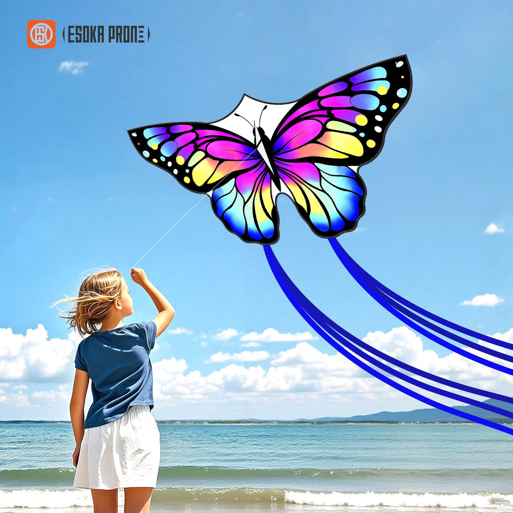 ESOKA PRON Butterfly Kite – Easy to Fly for Kids & Beginners – 210 Polyester, Fiberglass Frame, 328ft String, Blue/White