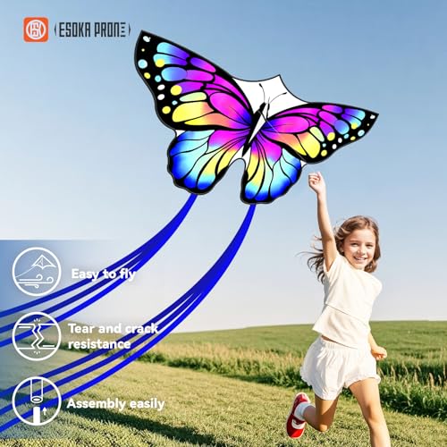 ESOKA PRON Butterfly Kite – Easy to Fly for Kids & Beginners – 210 Polyester, Fiberglass Frame, 328ft String, Blue/White