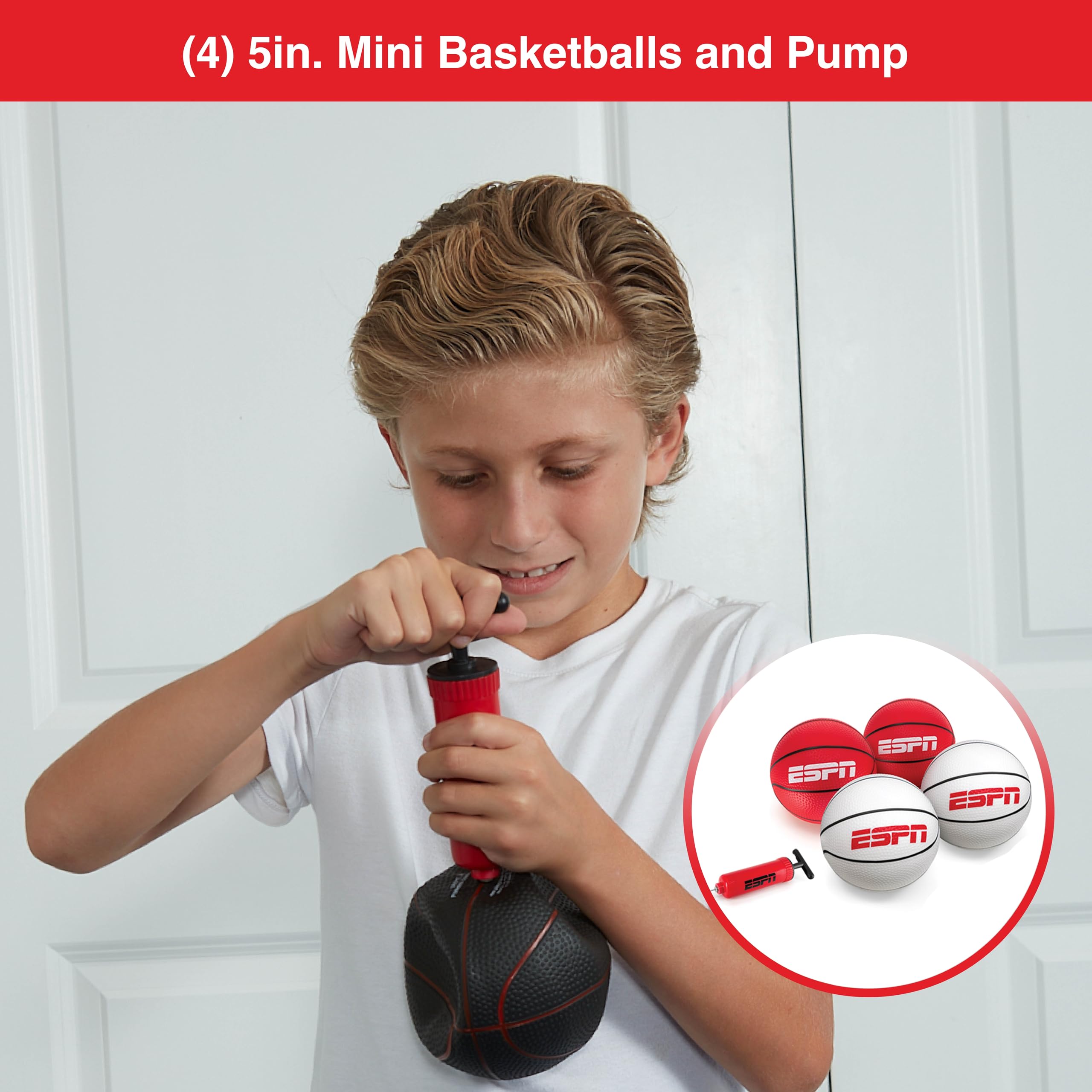ESPN Mini Basketball Set – 4 Indoor Basketballs (5-inch) with Pump for Kids & Adults
