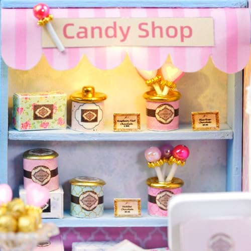 ESTUSR DIY Miniature Dollhouse Kit – Yummy Candy Shop with LED Lights & Furniture