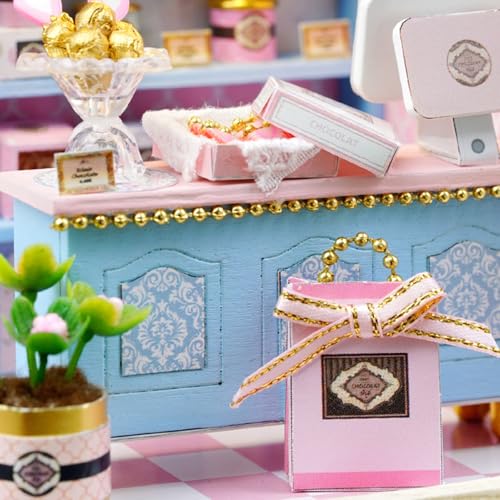 ESTUSR DIY Miniature Dollhouse Kit – Yummy Candy Shop with LED Lights & Furniture