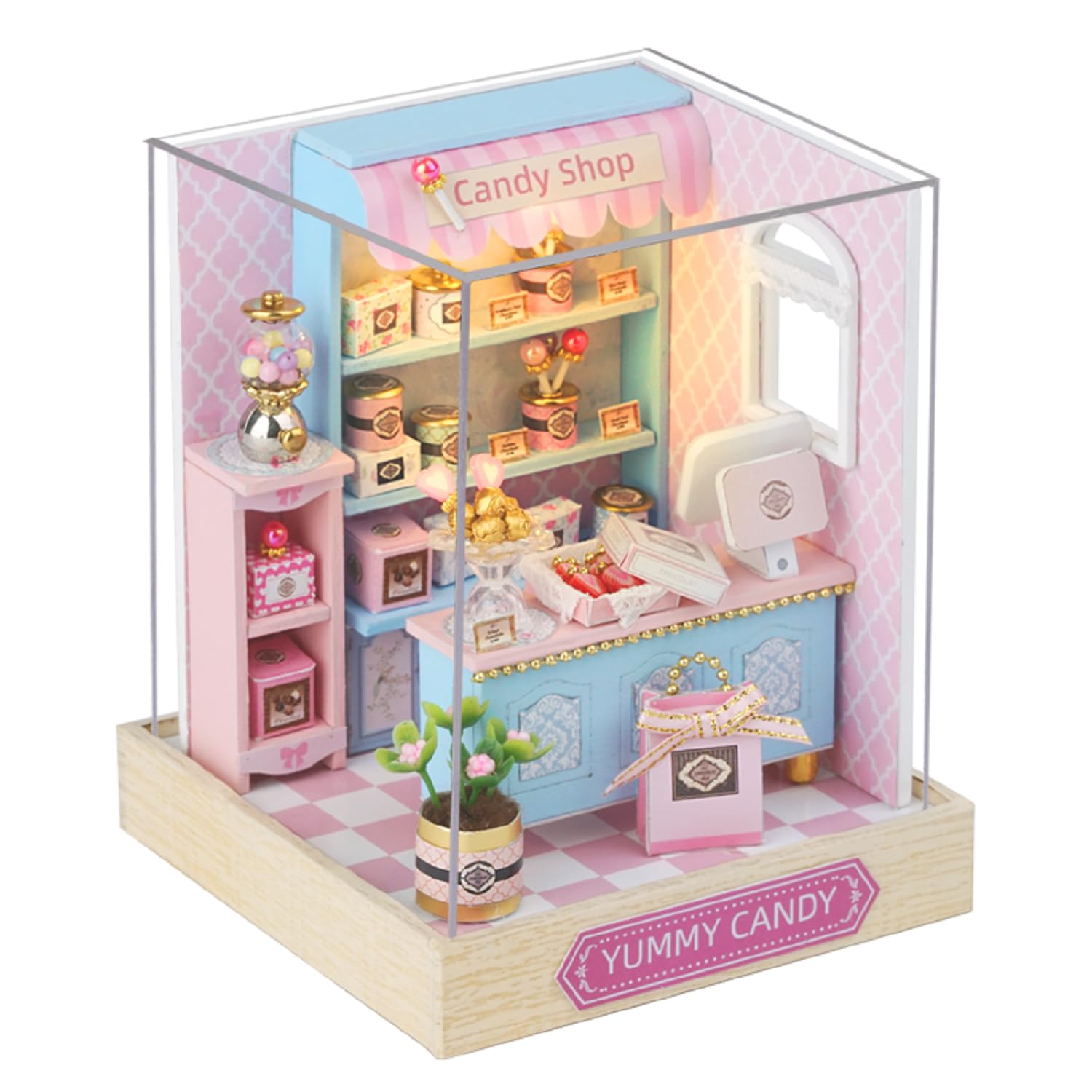 ESTUSR DIY Miniature Dollhouse Kit – Yummy Candy Shop with LED Lights & Furniture