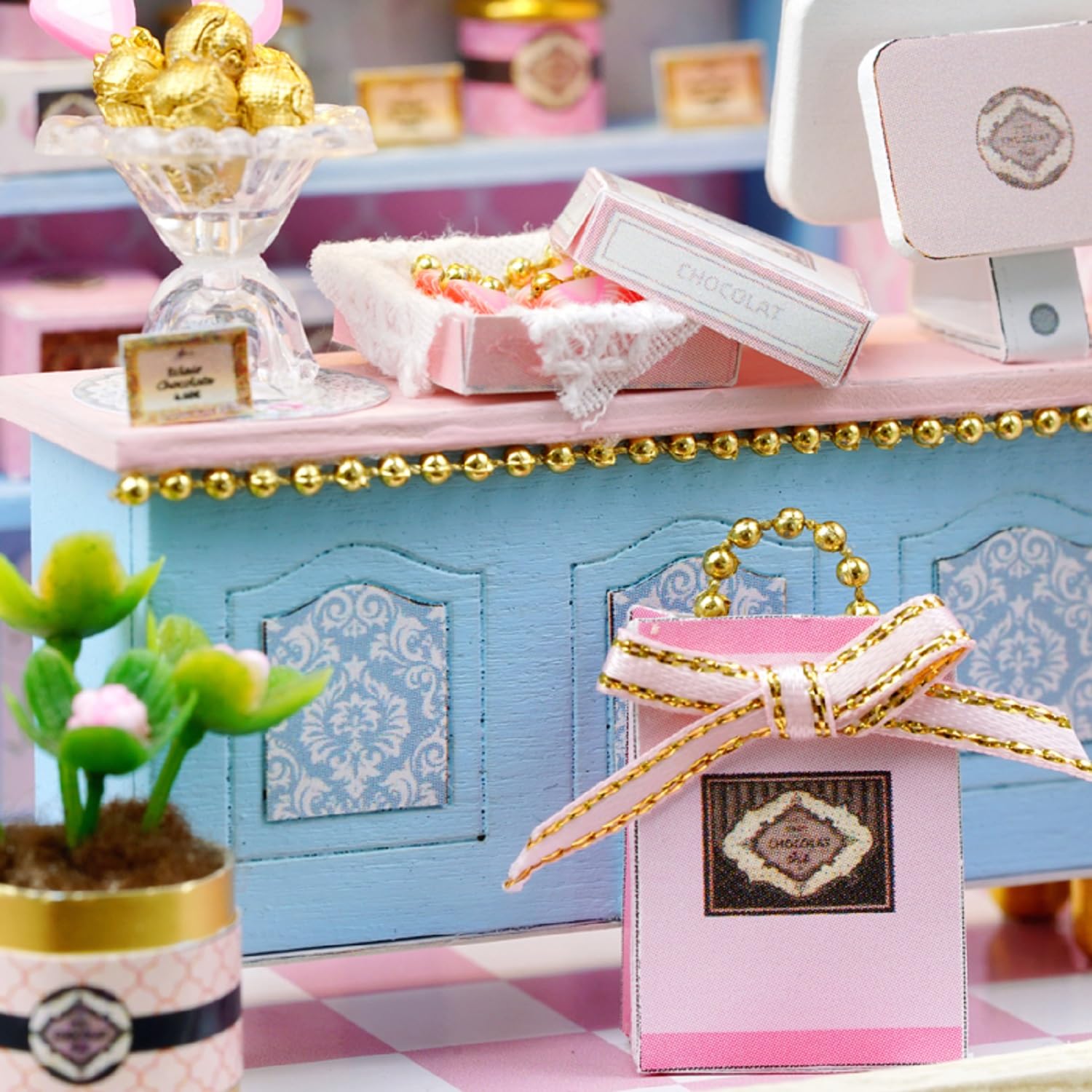 ESTUSR DIY Miniature Dollhouse Kit – Yummy Candy Shop with LED Lights & Furniture