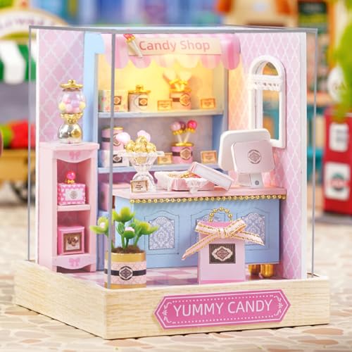ESTUSR DIY Miniature Dollhouse Kit – Yummy Candy Shop with LED Lights & Furniture