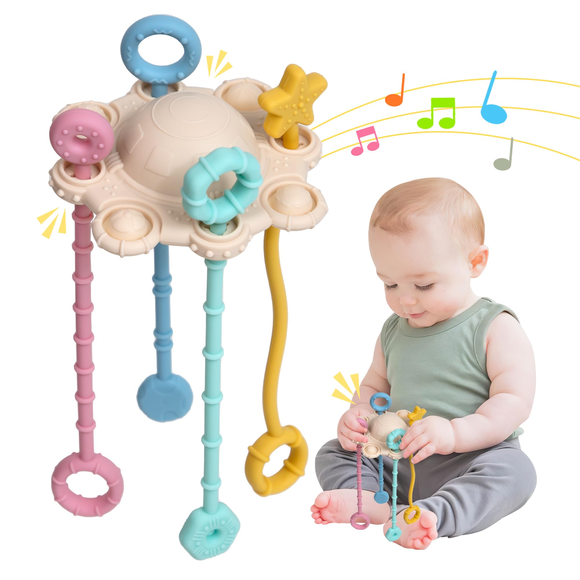 ETETOO Montessori Pull String Toy - Food Grade Silicone, Fine Motor Skills, Travel Toy for Babies (Cream)