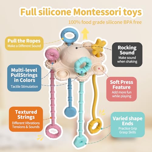 ETETOO Montessori Pull String Toy - Food Grade Silicone, Fine Motor Skills, Travel Toy for Babies (Cream)