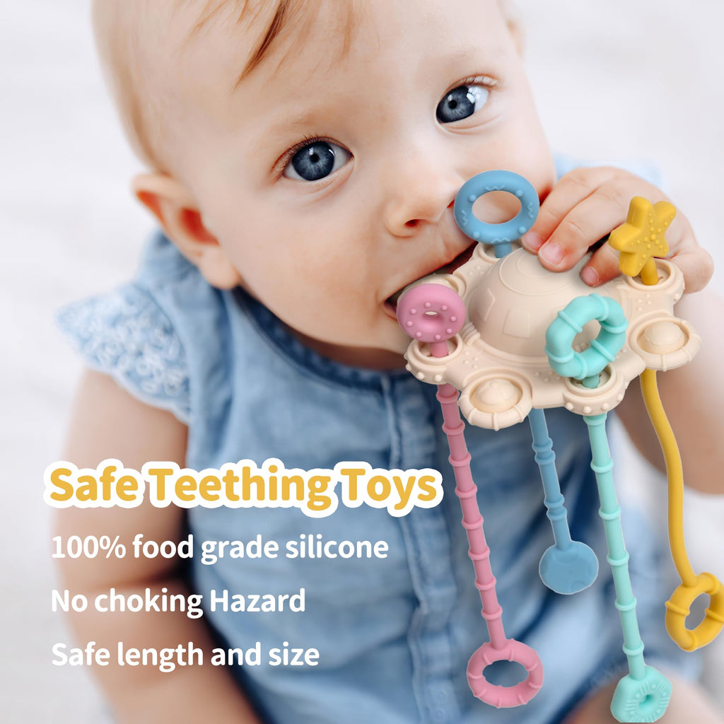 ETETOO Montessori Pull String Toy - Food Grade Silicone, Fine Motor Skills, Travel Toy for Babies (Cream)