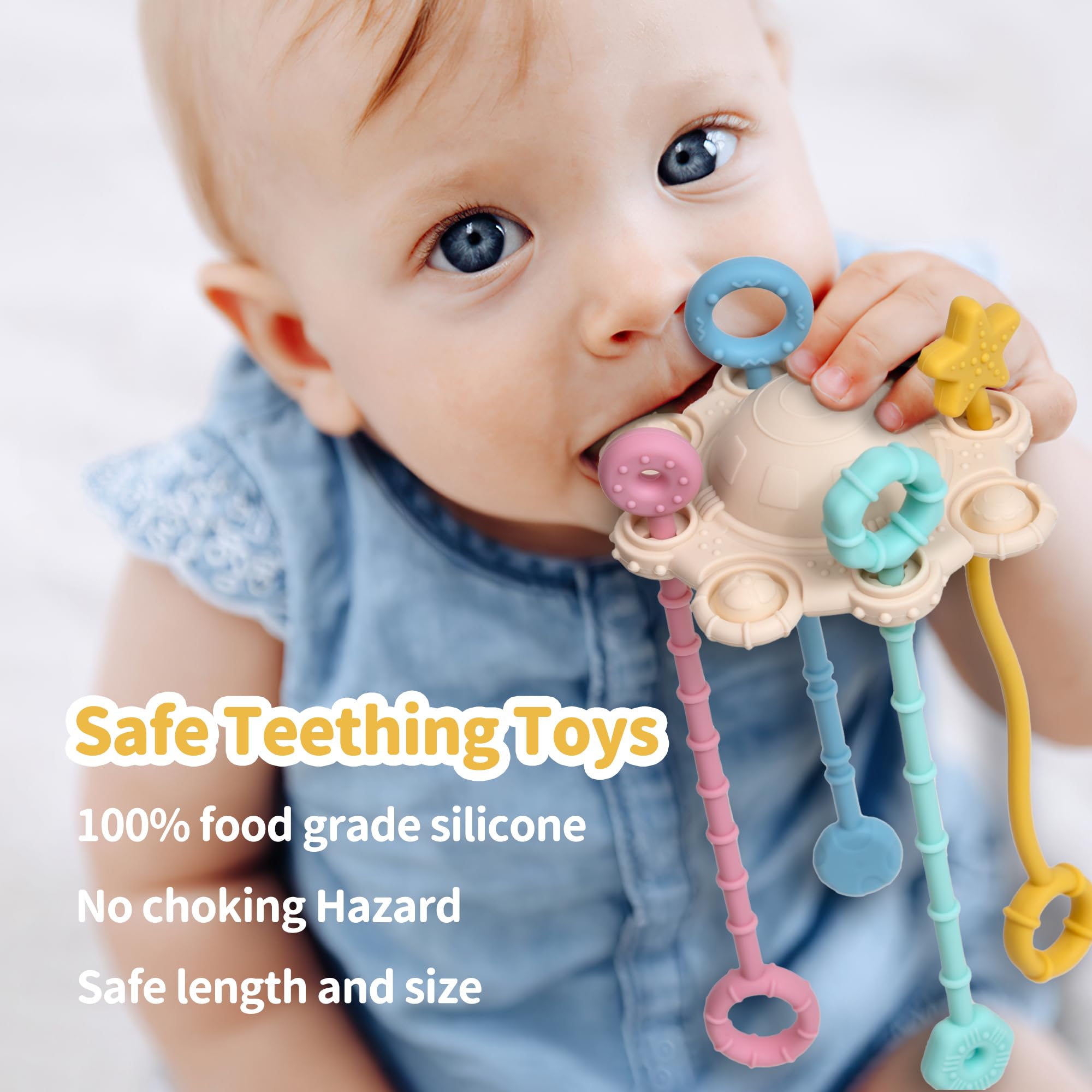 ETETOO Montessori Pull String Toy - Food Grade Silicone, Fine Motor Skills, Travel Toy for Babies (Cream)