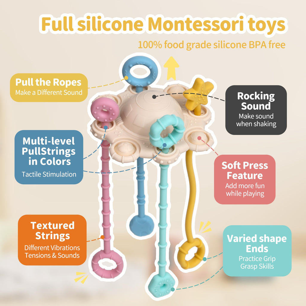 ETETOO Montessori Pull String Toy - Food Grade Silicone, Fine Motor Skills, Travel Toy for Babies (Cream)