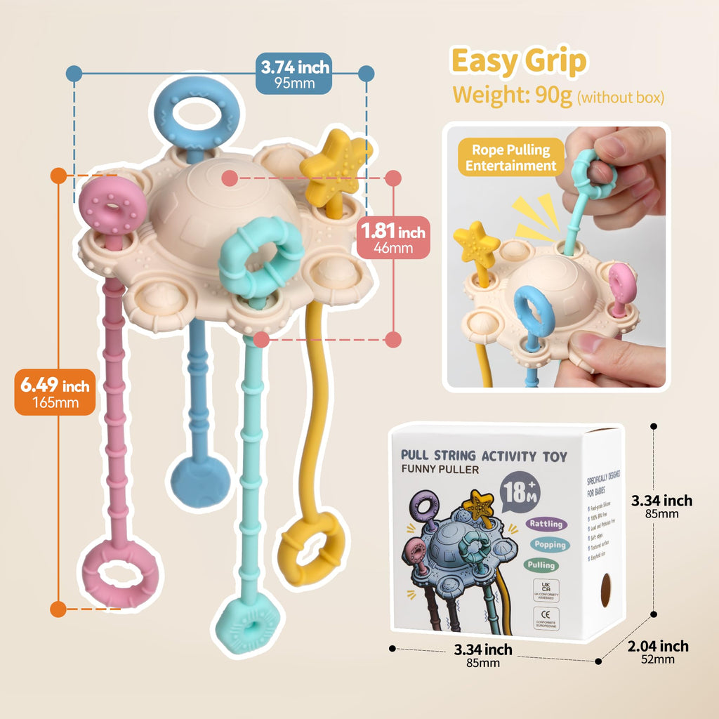 ETETOO Montessori Pull String Toy - Food Grade Silicone, Fine Motor Skills, Travel Toy for Babies (Cream)