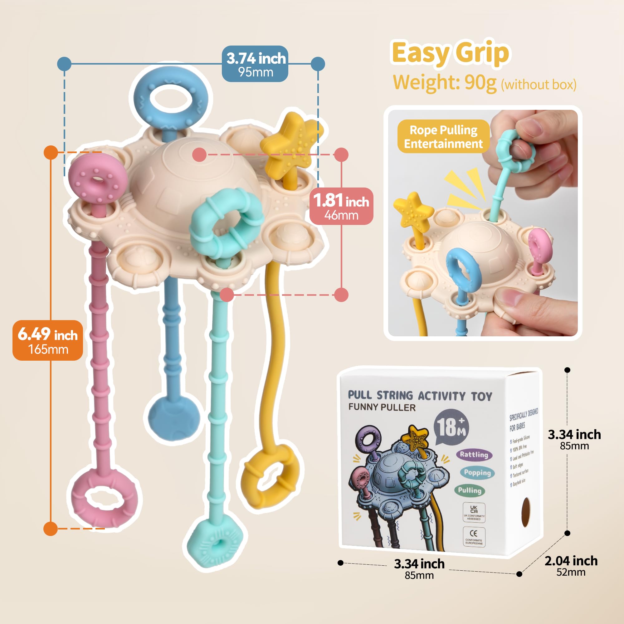 ETETOO Montessori Pull String Toy - Food Grade Silicone, Fine Motor Skills, Travel Toy for Babies (Cream)