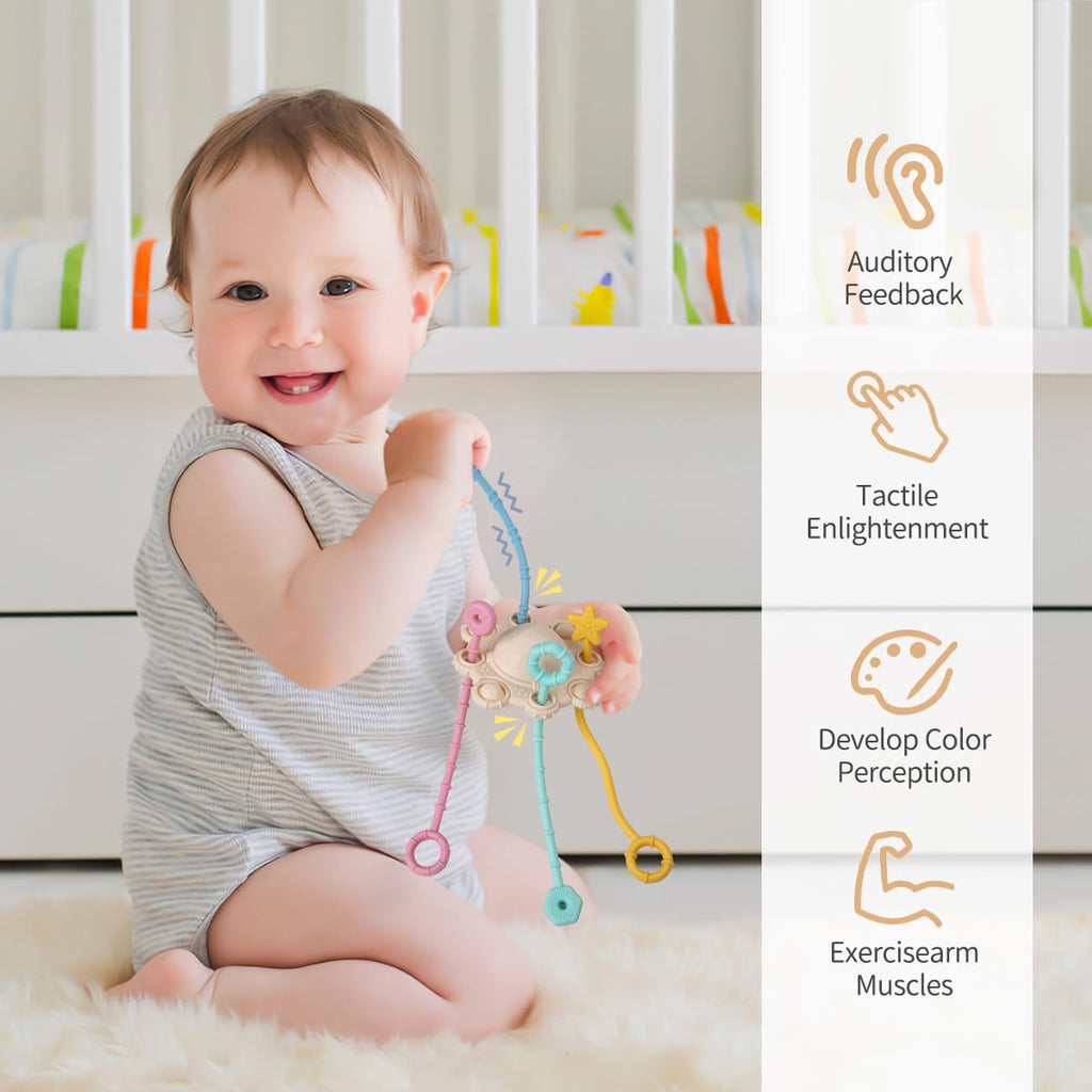 ETETOO Montessori Pull String Toy - Food Grade Silicone, Fine Motor Skills, Travel Toy for Babies (Cream)