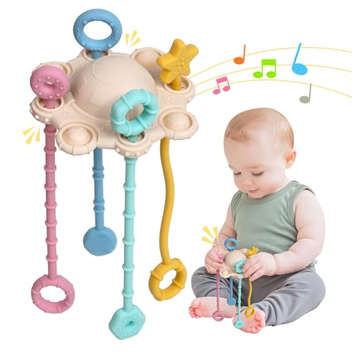 ETETOO Montessori Pull String Toy - Food Grade Silicone, Fine Motor Skills, Travel Toy for Babies (Cream)