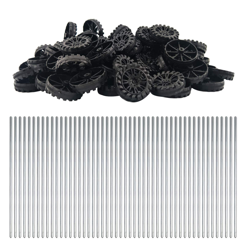 EUDAX 100pcs 30mm x 8mm Plastic Wheels with 50pcs 2mm x 100mm Metal Shafts for DIY RC Car Truck Boat Helicopter Models - Black