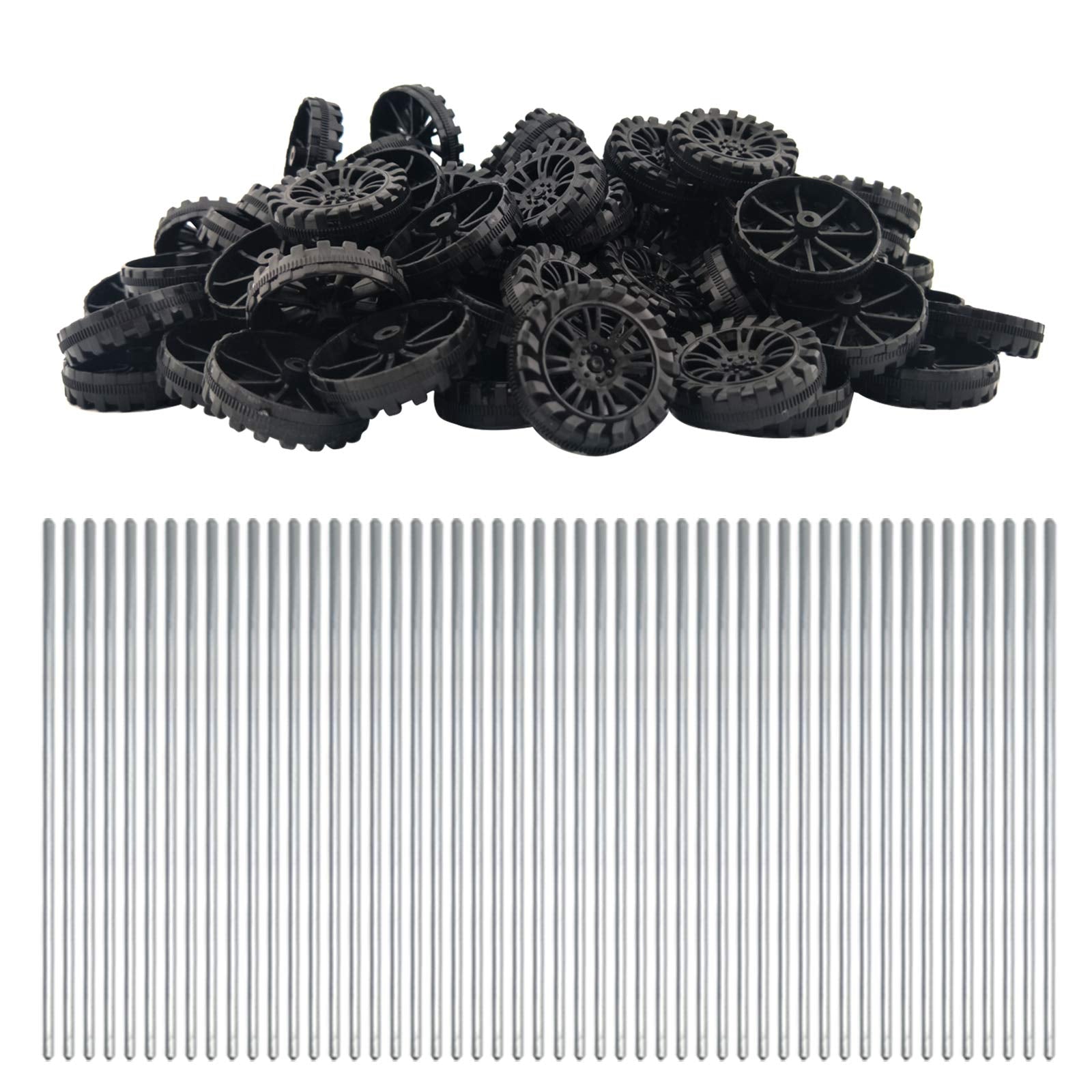 EUDAX 100pcs 30mm x 8mm Plastic Wheels with 50pcs 2mm x 100mm Metal Shafts for DIY RC Car Truck Boat Helicopter Models - Black