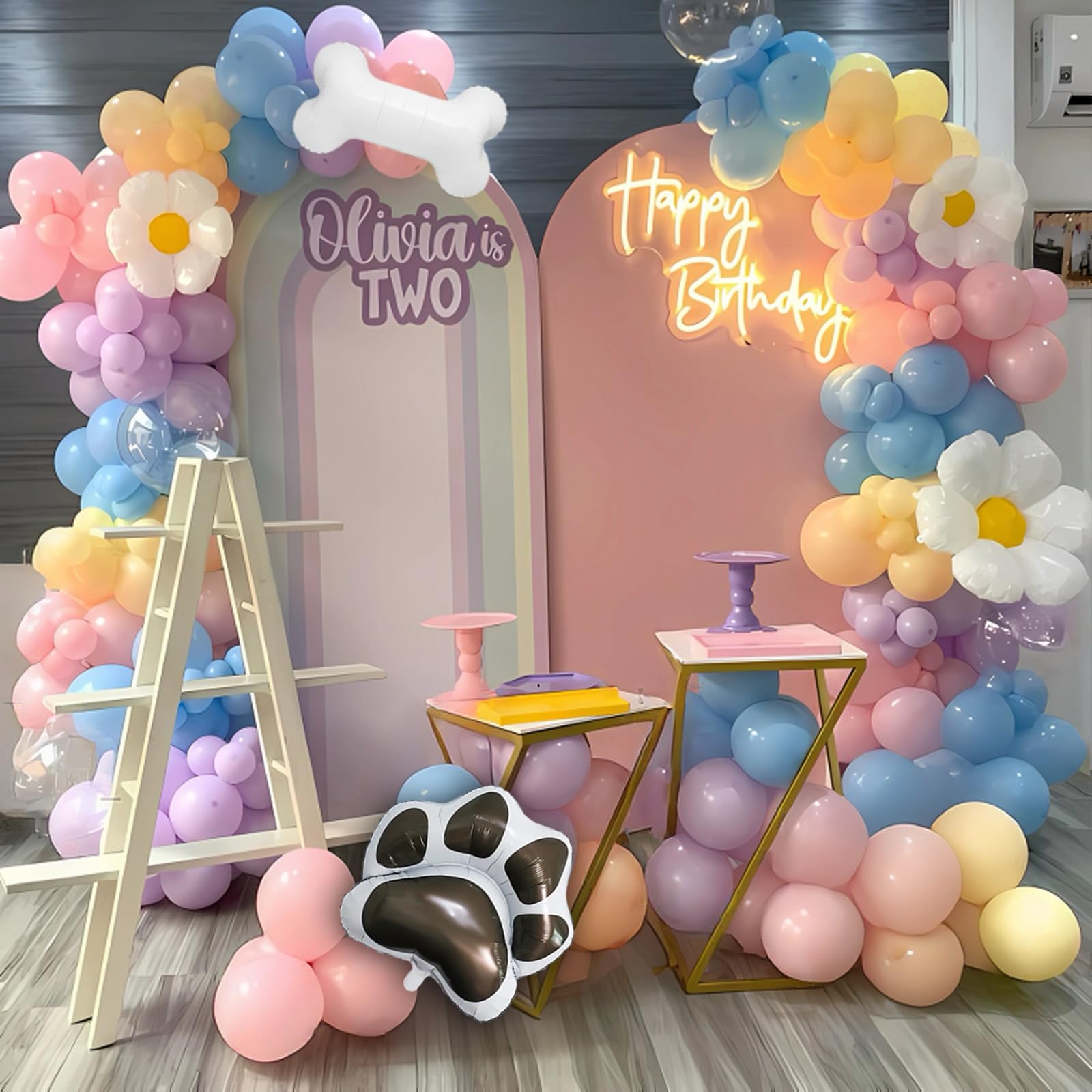 EUMIRO 140-Piece Pastel Blue Pink Balloon Arch Kit with Dog Bone & Paw Foil Balloons for Baby Shower Birthday Party Decorations