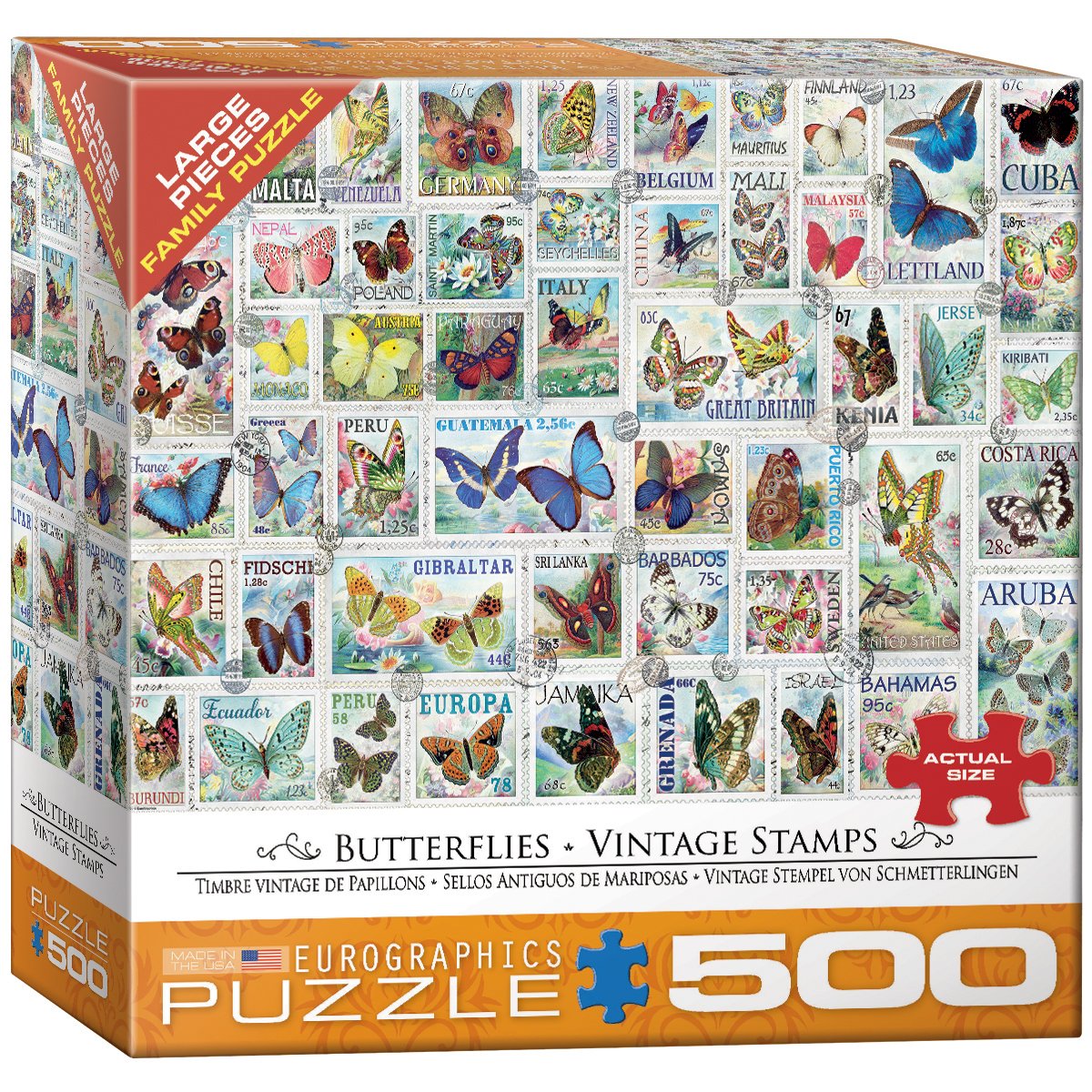 EuroGraphics Butterflies Vintage Stamps 500-Piece Puzzle – Made in USA, Large Pieces