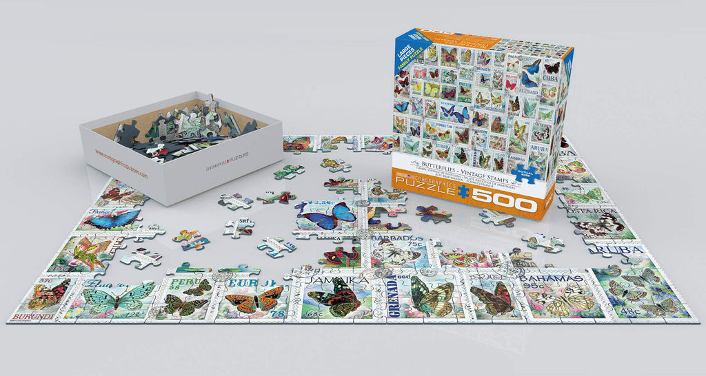 EuroGraphics Butterflies Vintage Stamps 500-Piece Puzzle – Made in USA, Large Pieces