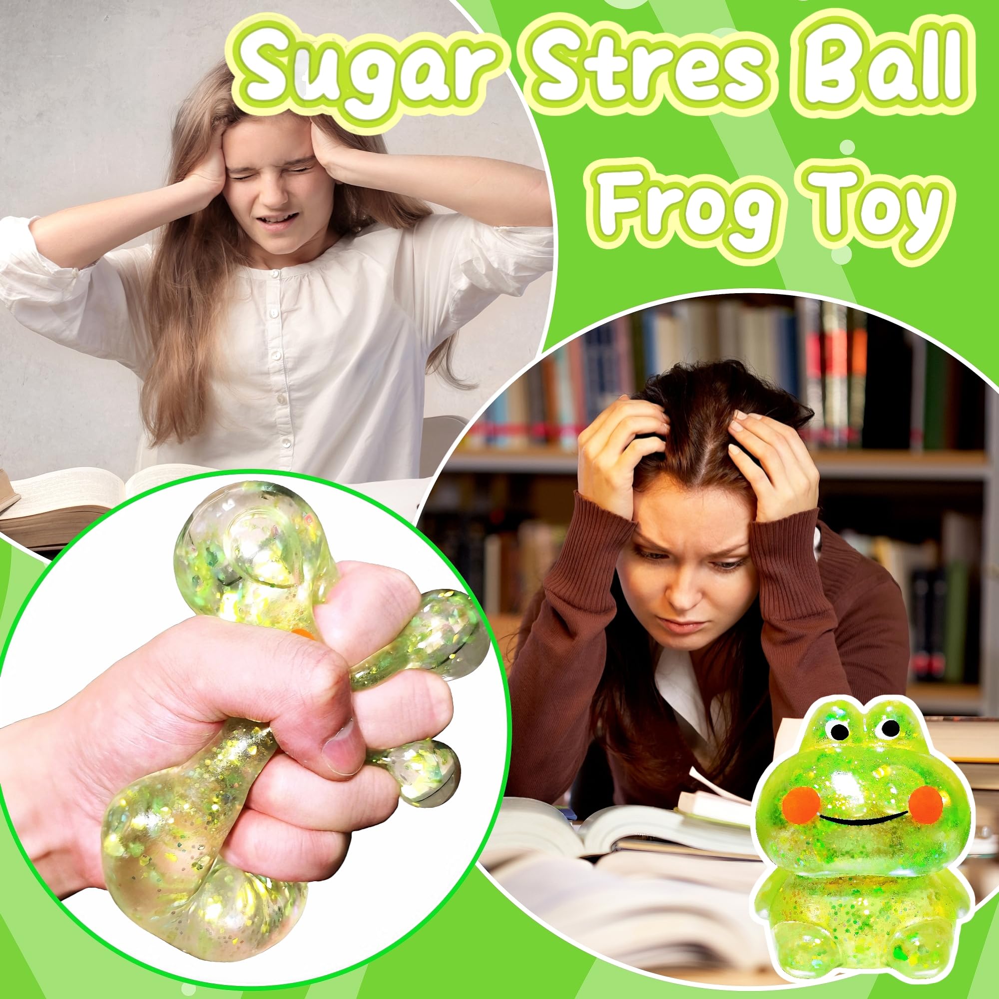 EVDERS Squishy Frog Stress Ball – Slow-Rise Sensory Fidget Toy with Glitter (Green)