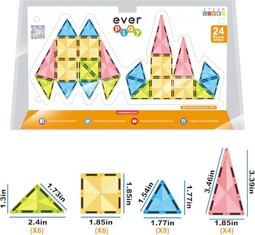 Everplay 24-Piece Mini Diamond Magnetic Tiles Travel Set – Portable STEM Building Blocks for Kids 3+