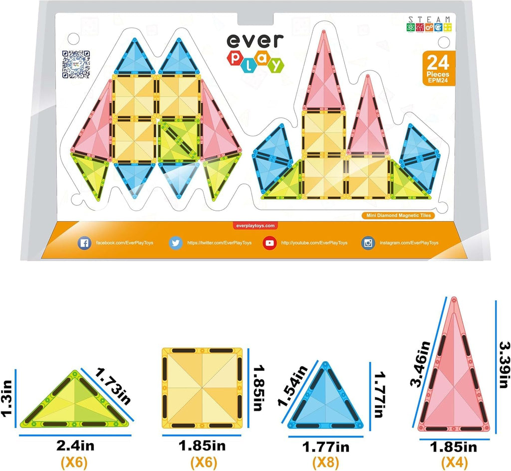 Everplay 24-Piece Mini Diamond Magnetic Tiles Travel Set – Portable STEM Building Blocks for Kids 3+