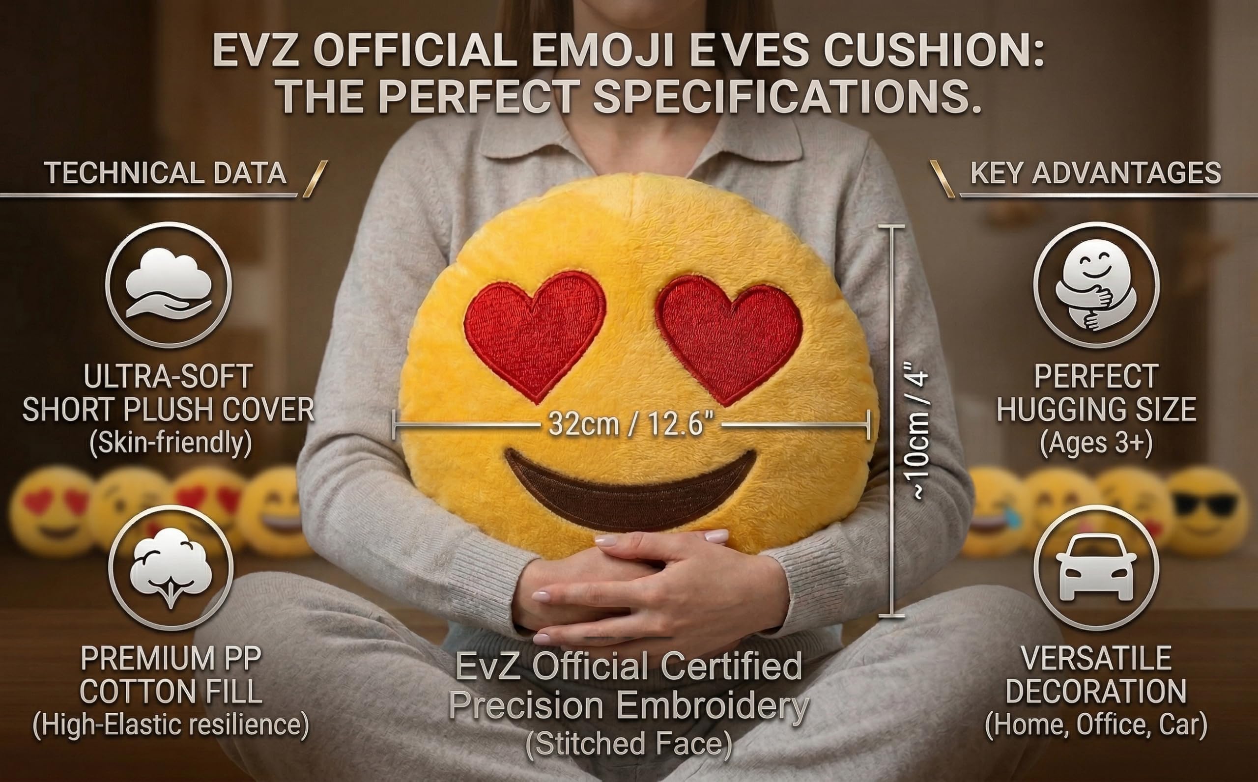EvZ 32cm Exciting Emoji Pillow – Soft Plush Smiley Face Cushion with Winking Tongue, Decorative Throw Pillow for Kids, Teens, and Parties (Yellow)