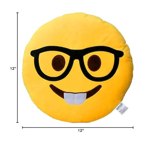 EvZ Glasses Boy Emoji Pillow – 32cm Soft Plush Cushion with Precision Embroidery, for Desk, Dorm, or Gift (Yellow)