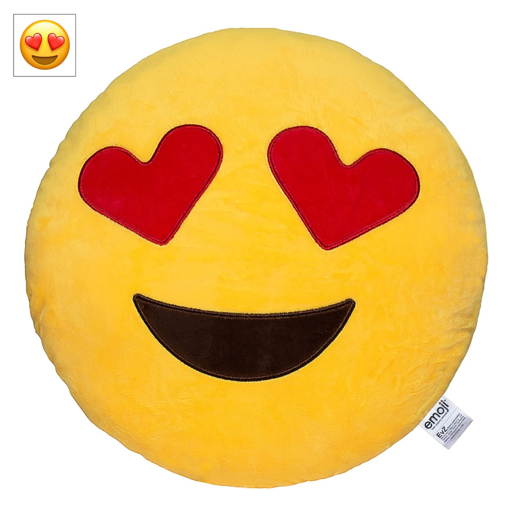 EvZ Heart Eyes Emoji Pillow - 32cm Soft Plush Cushion with Embroidery, Machine Washable, for Couch or Bed