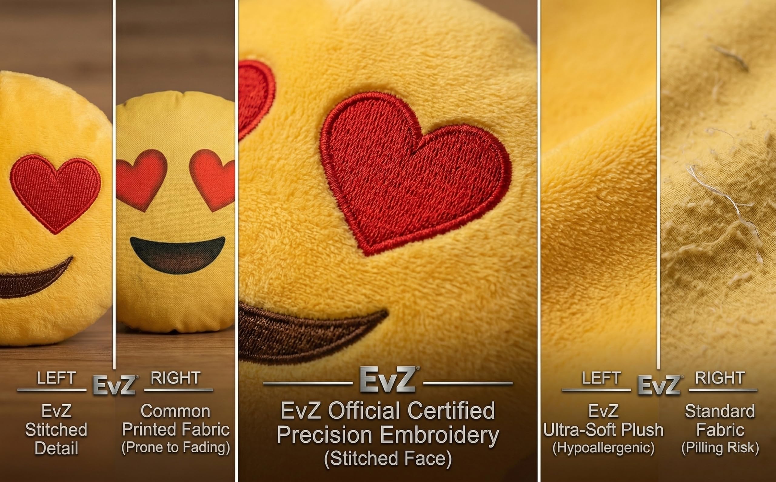 EvZ Heart Eyes Emoji Pillow - 32cm Soft Plush Cushion with Embroidery, Machine Washable, for Couch or Bed