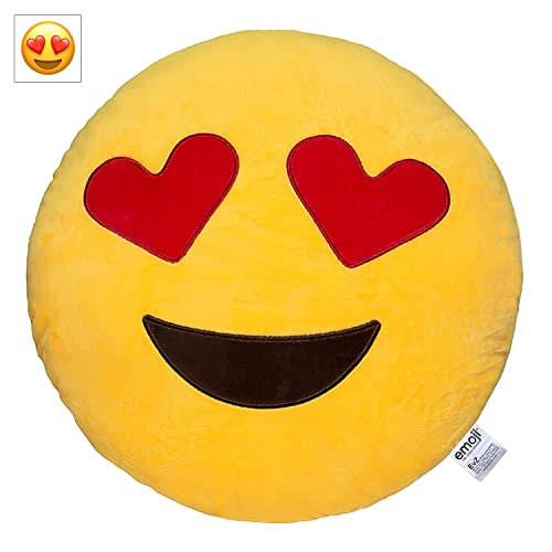 EvZ Heart Eyes Emoji Pillow - 32cm Soft Plush Cushion with Embroidery, Machine Washable, for Couch or Bed
