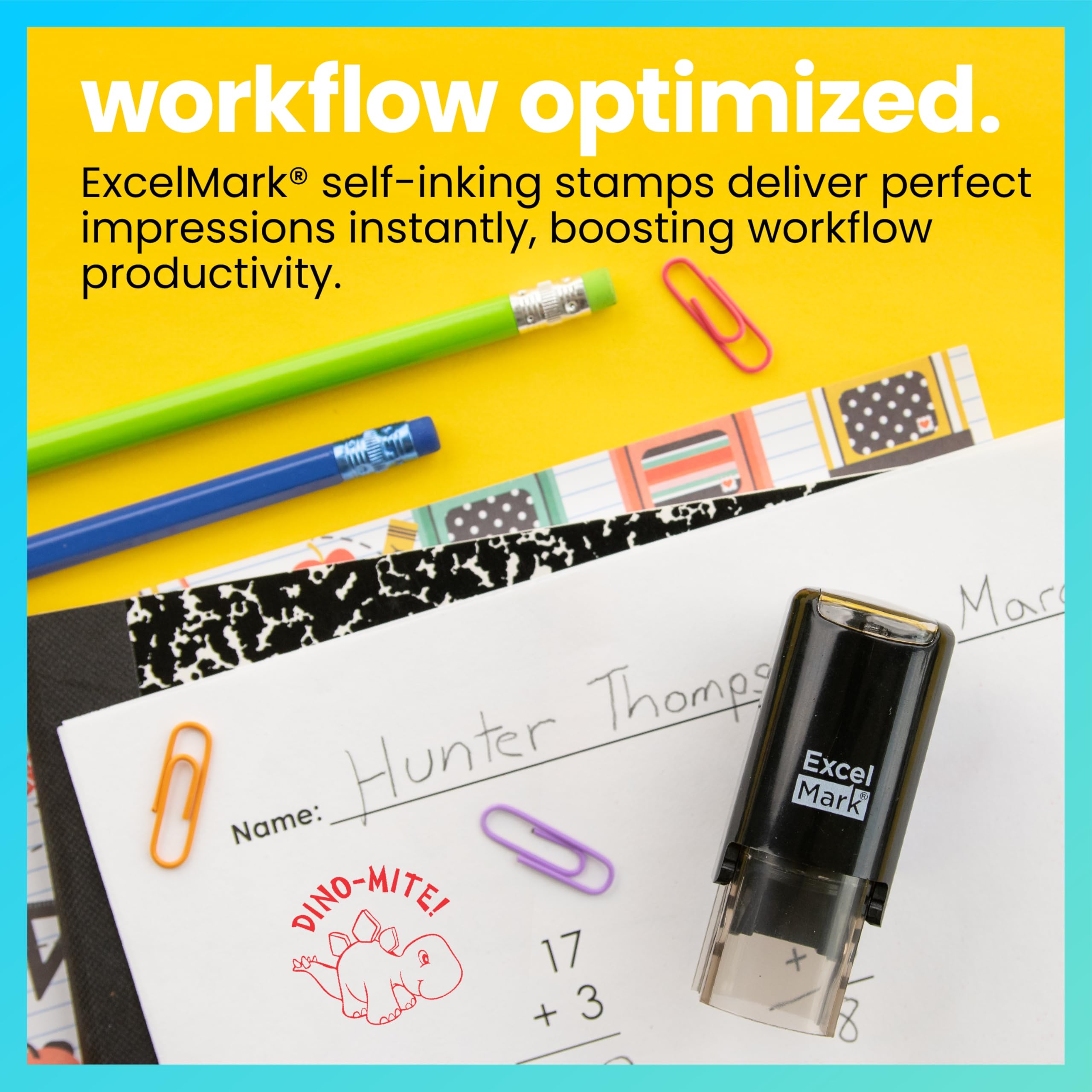 ExcelMark Dino-MITE! Teacher Stamp - Self-Inking Red Ink, 5/8" Round Impression