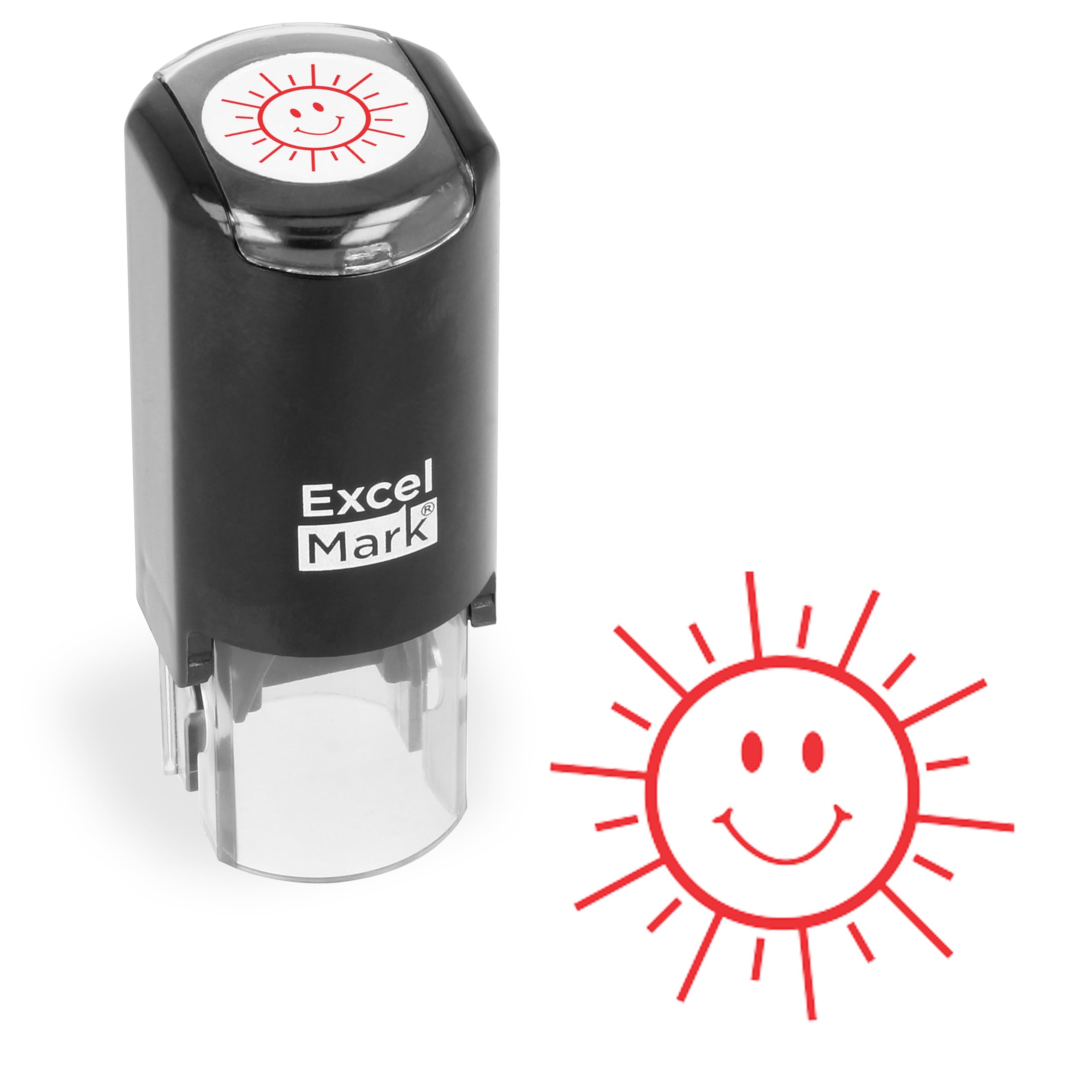 ExcelMark Happy Sun Self-Inking Teacher Stamp – Red Ink, 5/8 Inch Round