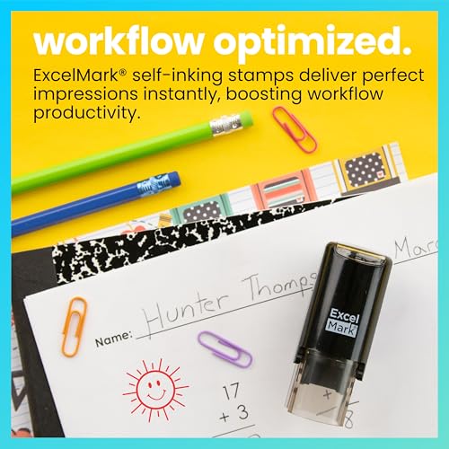 ExcelMark Happy Sun Self-Inking Teacher Stamp – Red Ink, 5/8 Inch Round