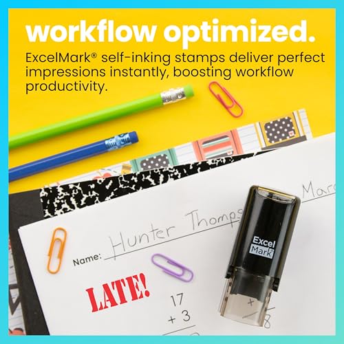 ExcelMark 'Late!' Self-Inking Round Teacher Stamp - Red Ink, 5/8" Impression