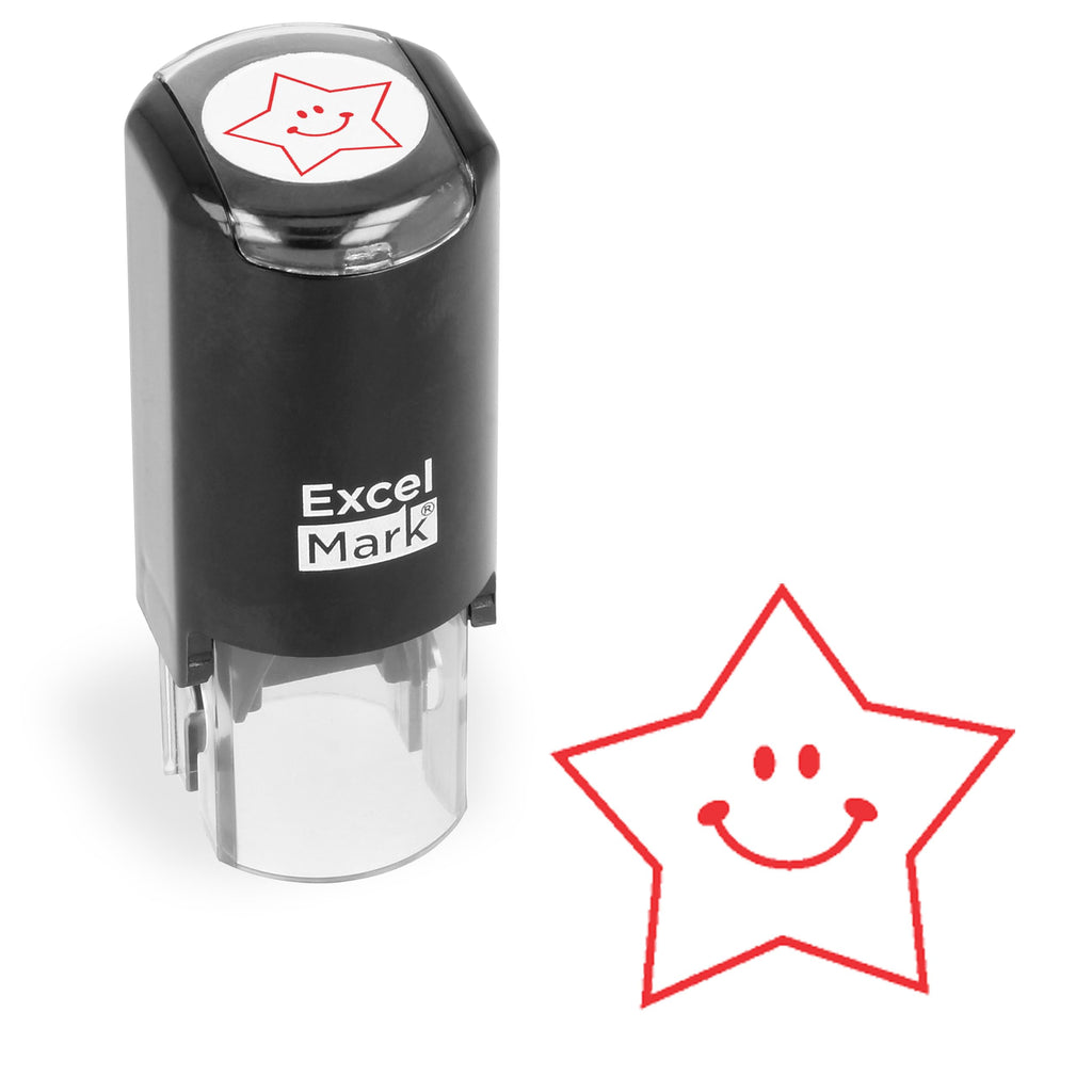 ExcelMark Round Self-Inking Teacher Stamp – Happy Star in Red, 5/8-Inch