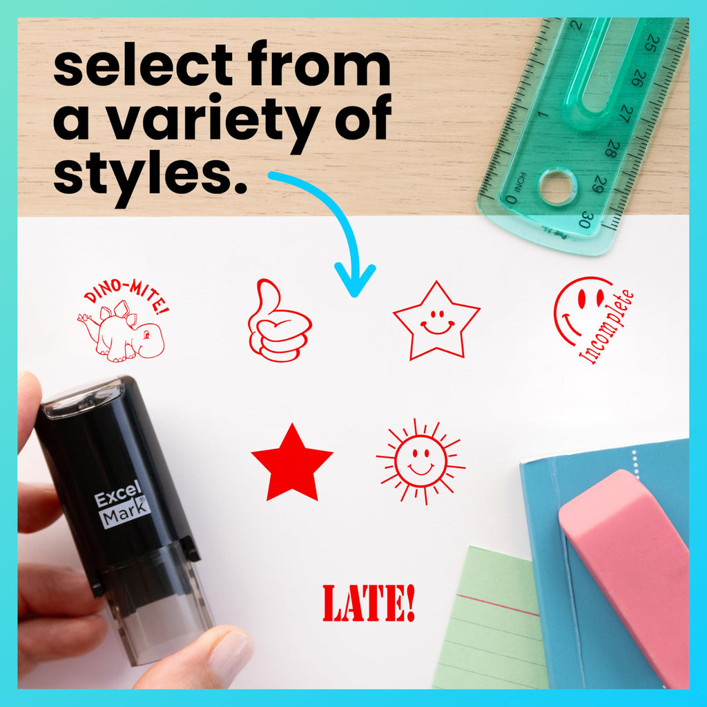 ExcelMark Round Self-Inking Teacher Stamp – Happy Star in Red, 5/8-Inch