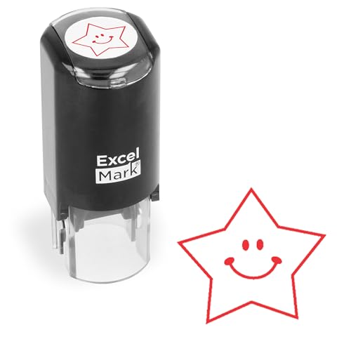 ExcelMark Round Self-Inking Teacher Stamp – Happy Star in Red, 5/8-Inch