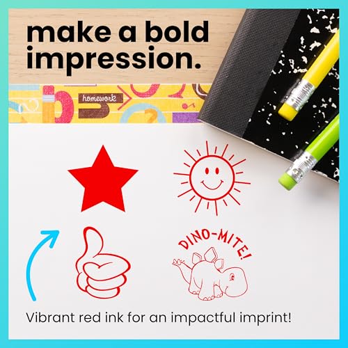 ExcelMark Round Teacher Stamp – Thumbs Up Outline Red Ink Self-Inking