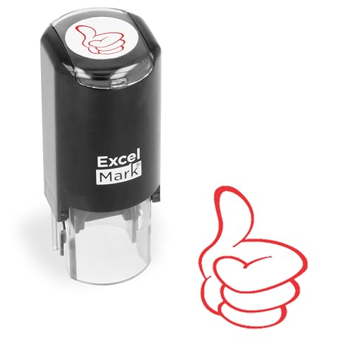 ExcelMark Round Teacher Stamp – Thumbs Up Outline Red Ink Self-Inking