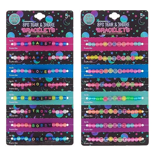 EXPRESSIONS 16pc Glow in the Dark Tear & Share Bracelets – Colorful Letter Beaded Friendship Jewelry for Kids & Teens